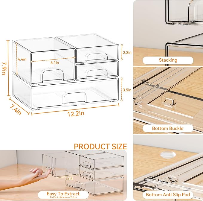4 Pack Clear Stackable Storage Drawers,Pull-Out Medicine Cabinet Organizer and Containers,Large Acrylic Organizers Drawers and Bathroom Closet Organizers for Hair Accessories,Makeup Organizer - Image 3