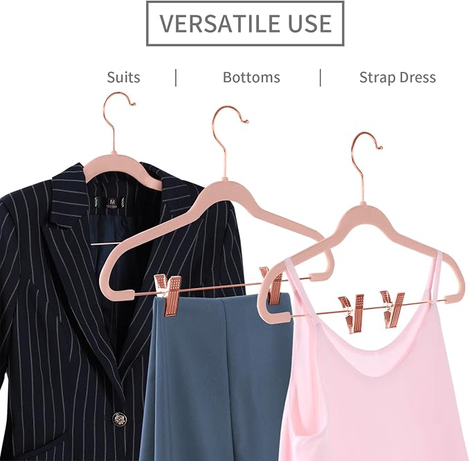 MIZGI Premium Velvet Pants Hangers with Clips (Pack of 30) Slim Skirt Hangers- Non Slip Felt Outfit Dress Hangers Blush Pink - Copper/Rose Gold Hooks,Space Saving Shirt Clothes Hangers - Image 4