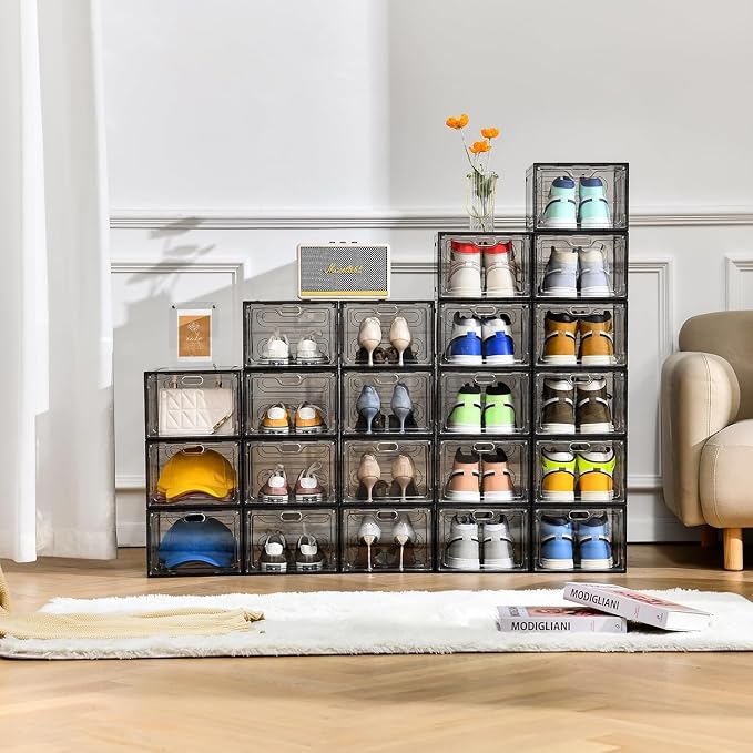 INSTY 12 Pack Gray Transparent Shoe Storage Organizer, Stackable Shoe Boxes for Closet, Drop Front Plastic Shoe Box with Grey Door, Easy to Assemble, Fit up US Size 12(13.4”x 9.8”x 7.1”) - Image 6
