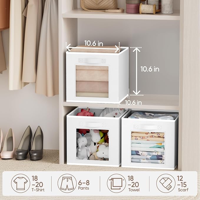 Storage Cube 11 Inch - Cube Storage Bins with Window, Closet Storage Baskets with Handle, Fabric Bins for Closet, Shelves, Toys, Clothes, Set of 12, White - Image 4