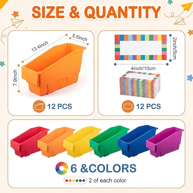 Geetery 12 Pack Non-Tip Book Bins with Stabilizer Wings Multicolor Plastic Storage Organizers Color Code Organization for Home Office Desktop Library Shelves Document Magazine File Holder (Rainbow) - Image 2