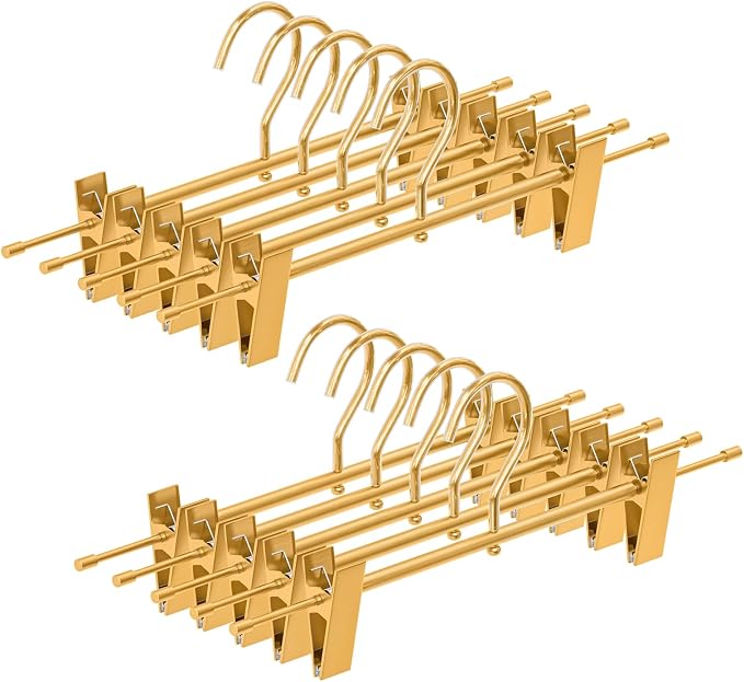 Matte Gold Aluminum Pants Hangers with Adjustable Clips, 10 Pack | Non-Slip, Sturdy Metal, 360° Swivel Hooks, Heavy-Duty & Space-Saving Closet Organizer for Pants, Skirts, Kids & Adults by Fotoumgl
