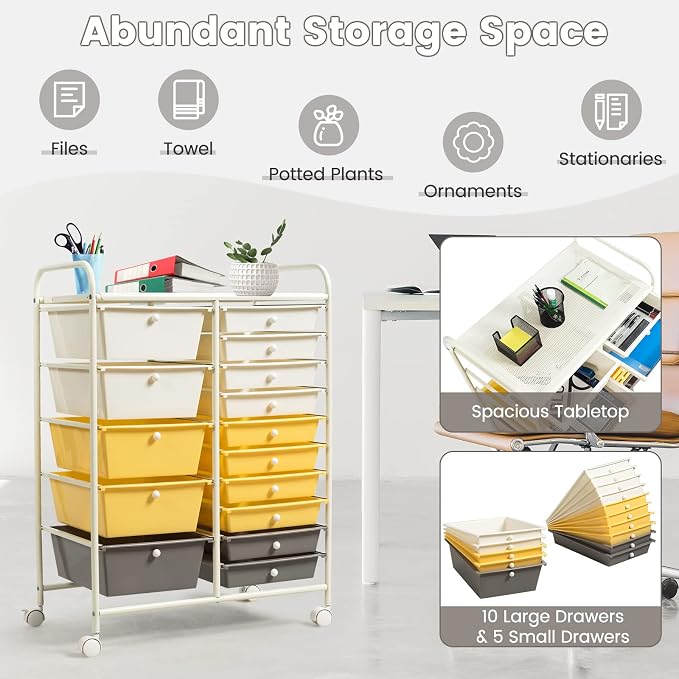 COSTWAY 15 Drawer Rolling Storage Cart, Mobile Storage Organizer | Removable Drawers & Metal Frame, Multipurpose Utility Tools Paper Organizer on Wheels for Home, Office (Yellow, Beige & Grey) - Image 4