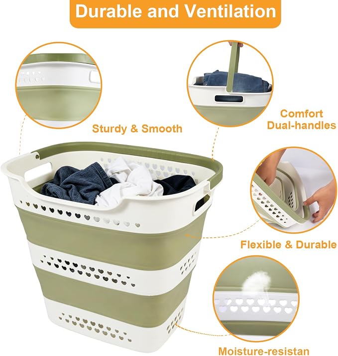 2 Pcs 42L/11.2 Gal Collapsible Laundry Basket - Foldable Plastic Pop Up Hamper with Handles, Space-Saving Storage Organizer for Wet & Dry Clothes, Ideal for Home, Dorm and Apartment Use Green - Image 5