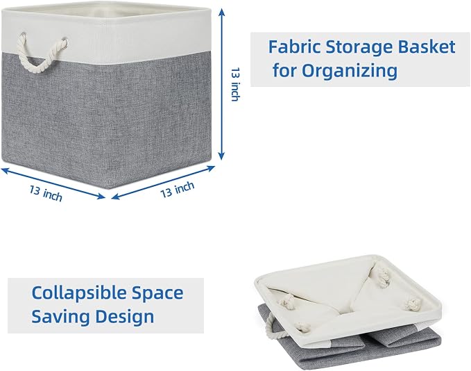 Temary Fabric Baskets 13 Inch Cube Storage Baskets with Rope Handle, Storage Cube Bins Clothes Basket for Gift, Large Storage Bins for Storage Books, Blankets (White&Gray) - Image 6