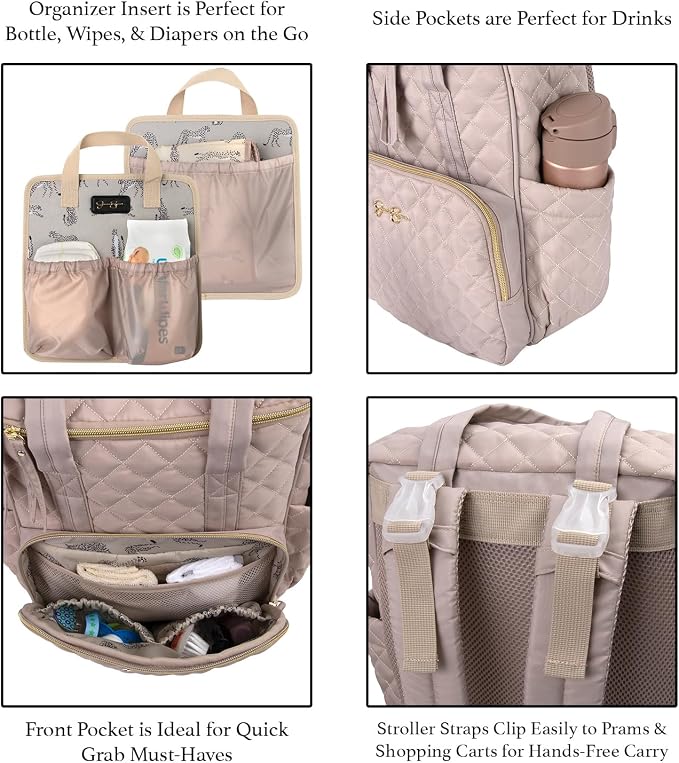 Jessica Simpson Quilted Diaper Bag Backpack with Insulated Pockets, Portable Changing Pad, Stroller Straps, Organizer Insert 3 Pc. Set (Khaki) - Image 2