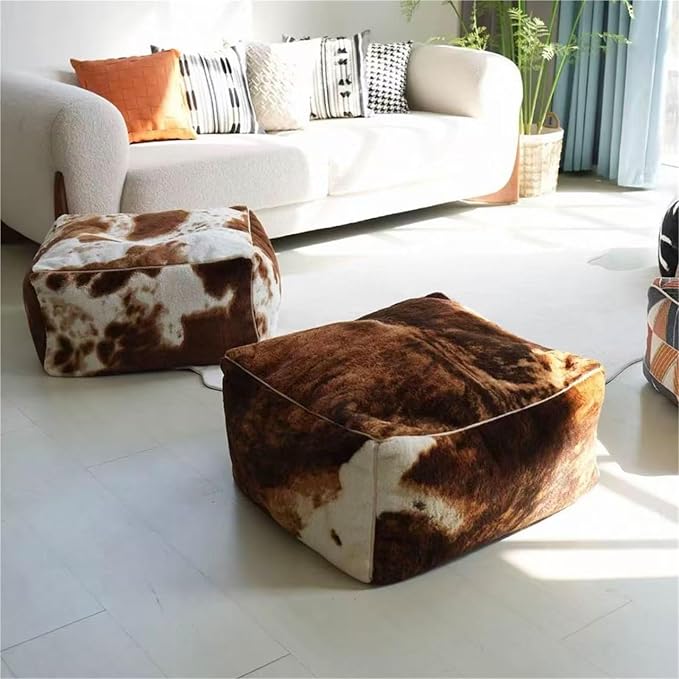 Square Faux Fur Pouf Ottoman Cover Footstool (No Filler) Indoor Beanbag Puff Footrest Footstool Washable Storage Bean Bag Chair Floor Pouf Covers Casual Bedroom(Spotted Brown) - Image 4
