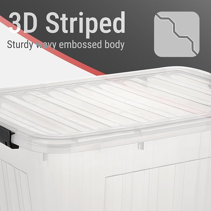 Cetomo Plastic Storage Bins, Lidded Storage Box with Wheels for Home Office Dorm, Wheeled, Stackable, Clear, 60Quart-4 Pack - Image 5