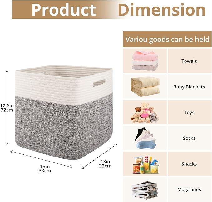 OIAHOMY 13 Inch Cube Storage Bins, 3-Pack Cotton Rope Woven Baskets for Organizing, Insert Storage Baskets for Shelves, Baby Nursery, Closet Organizer, 13 * 13 * 12.6IN, Grey & White - Image 2