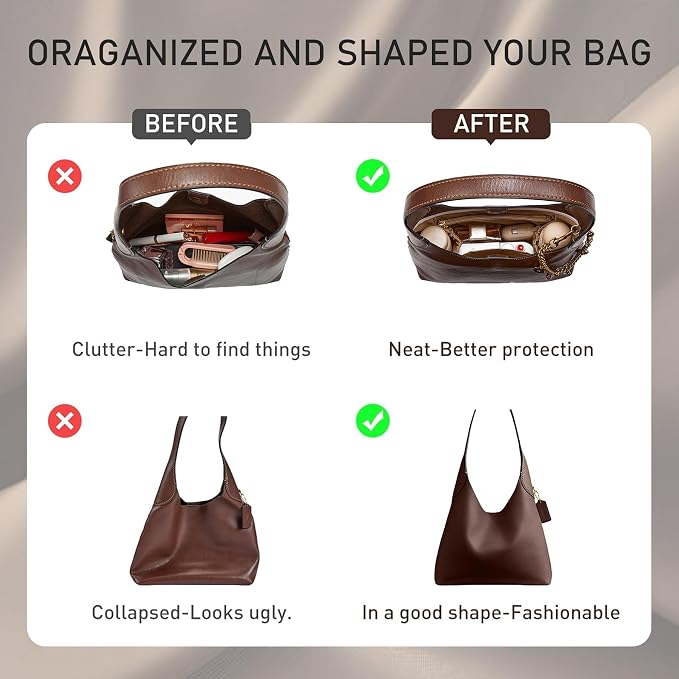 Brooklyn 28 Bag Insert, Purse Organizer Insert for Coach, Nylon Maple | Waterproof Nylon For Coach Brooklyn Shoulder Bag 28, Lightweight, 5 Compartments Zipper Pocket, Elastic Holders - Image 6