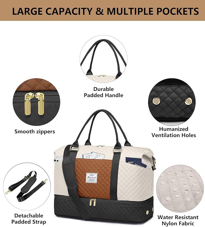 Travel Overnight Bag Weekender Bags - Duffle Bag Women with Shoe Compartment Carry on Tote Bag with Toiletry Bag Gym Duffel Bag with Wet Pocket Hospital Bags for Labor and Delivery Black White Brown - Image 4