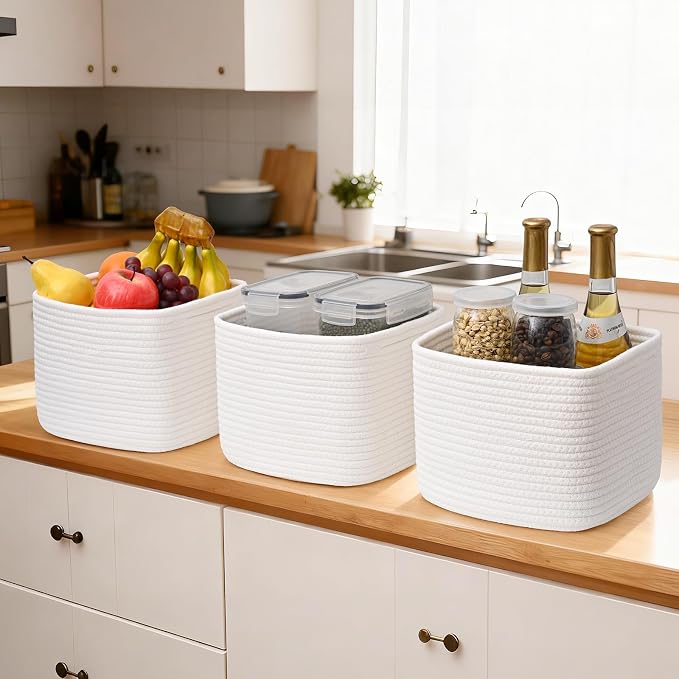 3 Pack Cube Storage Bin, 9”x9”x7” Cotton Rope Woven Baskets for Organizing Toys Clothes Towels, Square Gift Storage Baskets for Shelves, Nursery, Closet, Bathroom, Pantry (White) - Image 5