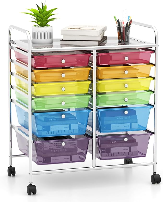 Moccha 12-Drawer Rolling Storage Cart - Utility Cart on Wheels with Lockable Casters for Craft Art Supply Paper Salon, Mobile Drawer Carts for Classroom Teacher School Office (Rainbow) by LDAILY