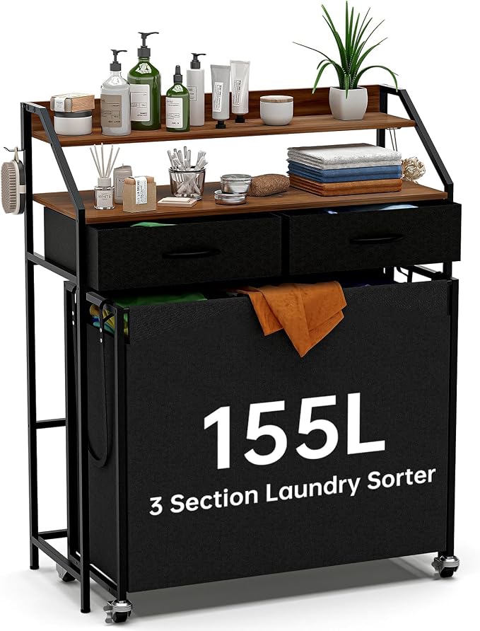 Laundry Sorter with 3 Section Pull Out Bags Rolling Laundry Basket Organizer with 2 Drawers Laundry Hamper with Shelves and Wheels for Laundry Room, Bathroom, Bedroom Organization(2 Tier) by NATURESSOURCE