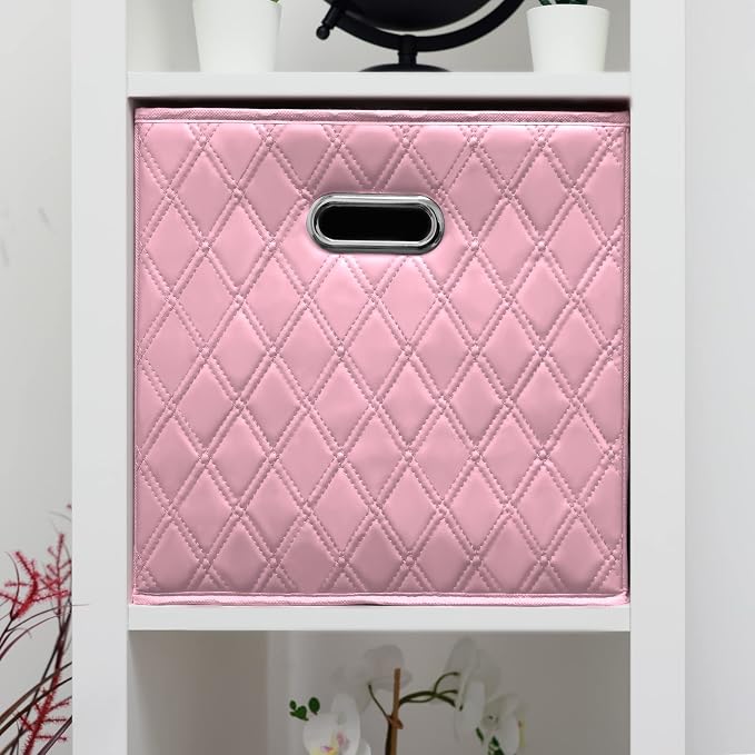 Small 11-inch Foldable Diamond Patterned Faux Leather Storage Cube Bins Set of Four with Handles with Dual Handles for living room, bedroom and office storage… (PINK) - Image 2