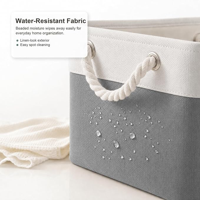 11x11 Inch Cube Storage Bins, 8 Pack Collapsible Fabric Storage Cubes with Rope Handles, Waterproof Foldable Storage Baskets for Cube Shelves, Closet, Clothes, Toys, Books, White & Gray - Image 3