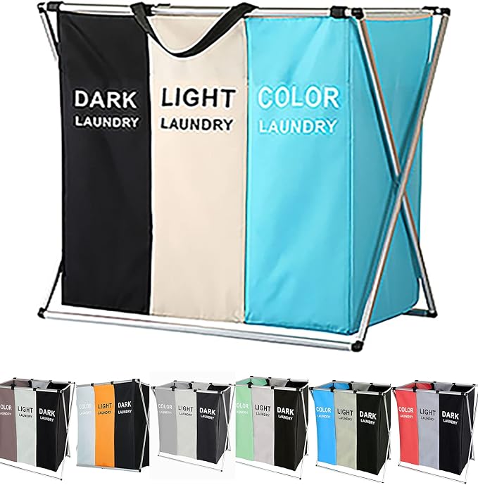 Laundry Cloth Hamper Sorter Basket Bin Foldable 3 Sections with Aluminum Frame 26InIn×24InInH Washing Storage Dirty Clothes Bag (3 Liner, Black + white + sky blue) by Unknown