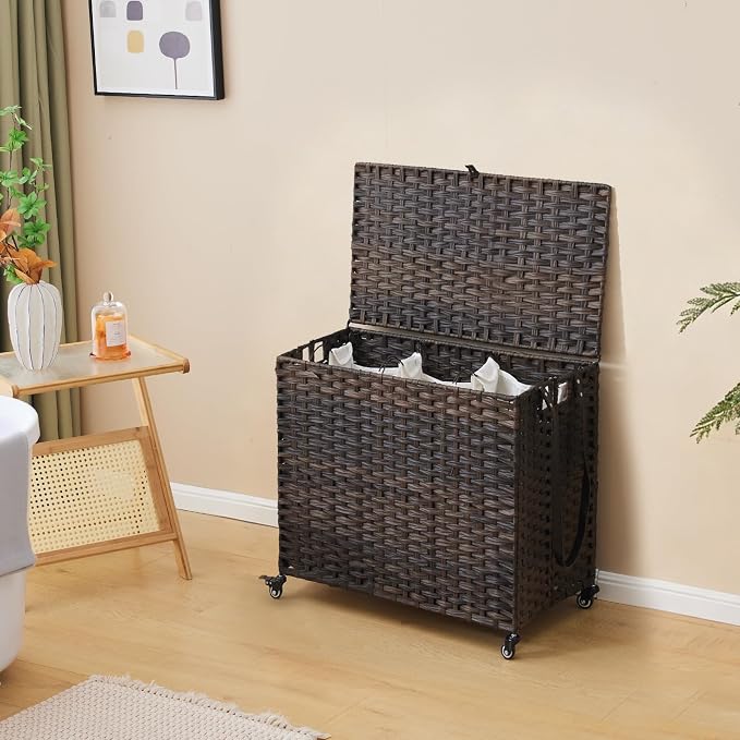 Laundry Hamper with Wheels, 34.3 Gallon(130L) Rolling Laundry Basket with Lid, 3-Section Rattan Clothes Hamper with 3 Removable Liner & 3 Mesh Bags, Laundry Sorter with Side Pocket, Brown - Image 2
