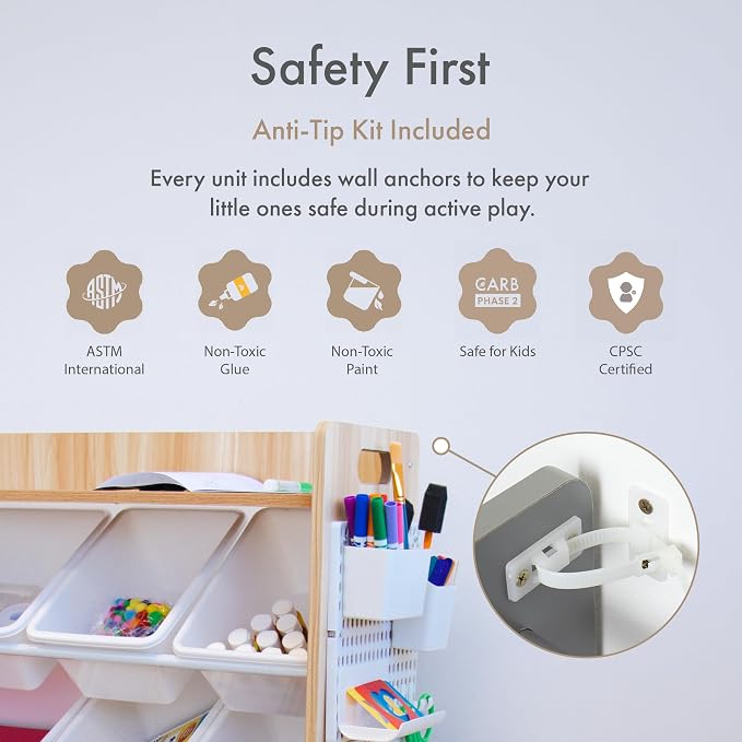 Humble Crew Kids Toy Organizer with Display Shelf, 9 Bins, 3 Tier Storage | Sturdy wood and steel toddler shelf, removable BPA-free containers, wall anchor anti-tip safety kit for bedroom or classroom - Image 7