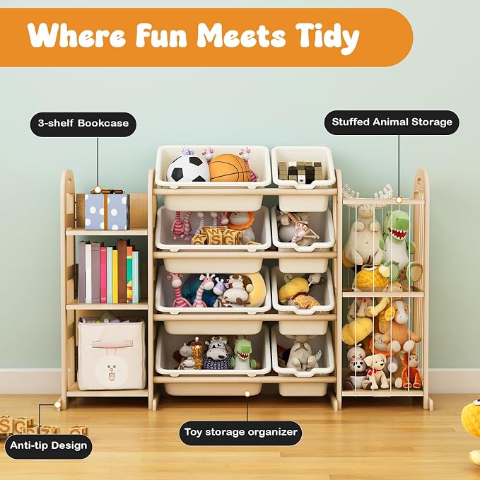 Wooden Toy Storage Organizer, Toy Organizers & Storage with Stuffed Animal Storage, Toy Storage Shelf with 3 Shelves, 8 Storage Bins, Kids Bookshelf, Toy Holder for Toddler Rooms, Playrooms, Bedrooms - Image 7
