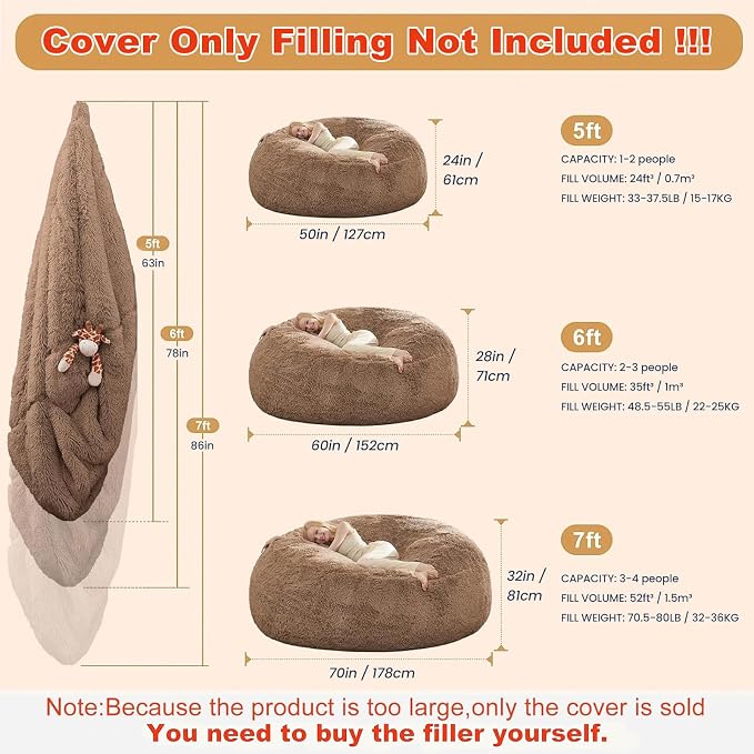 Fluffy Bean Bag for Stuffed Animals Storage, Faux Fur Washable Bean Bag Chair Cover(No Filler) for Textile Plush Toys, Beanbag Chair Cover for Adults Kids Teens, 5FT, Khaki - Image 2