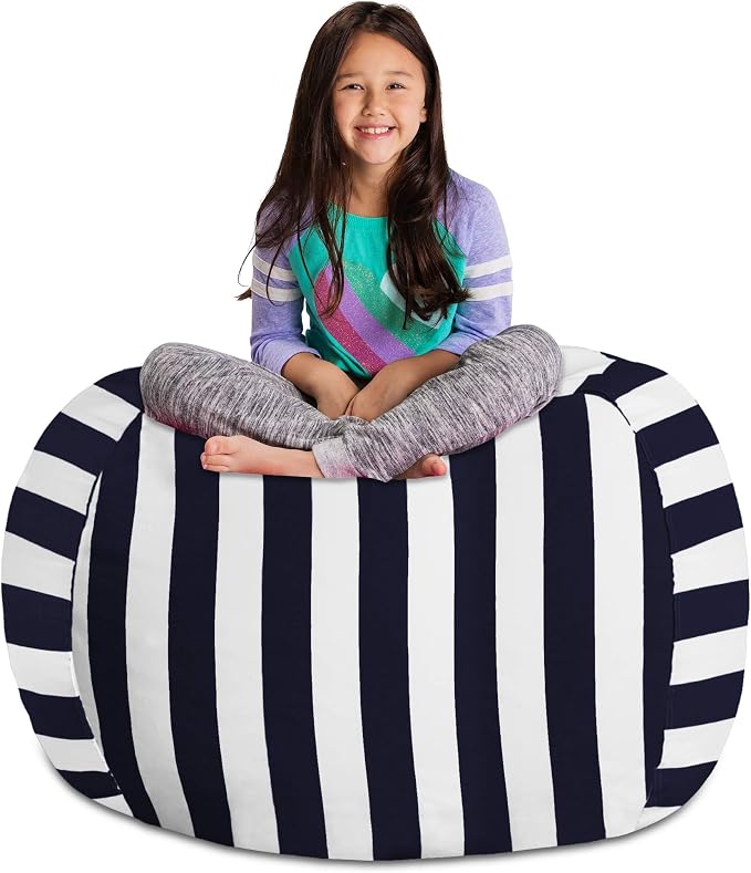 Posh Stuffable Kids Stuffed Animal Storage Bean Bag Chair Cover - Childrens Toy Organizer, X-Large 48" - Canvas Stripes Blue and White by PoshCreations
