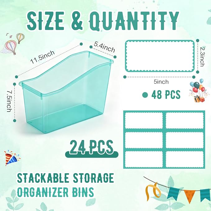 Geetery 24 Pcs Book Bin for Classroom with Labels Stackable Plastic Organizing Bins 11.5 x 5.4 x 7.5 in Book Holders Storage Bins Box Baskets for Classroom Library Home (Blue-Green) - Image 2