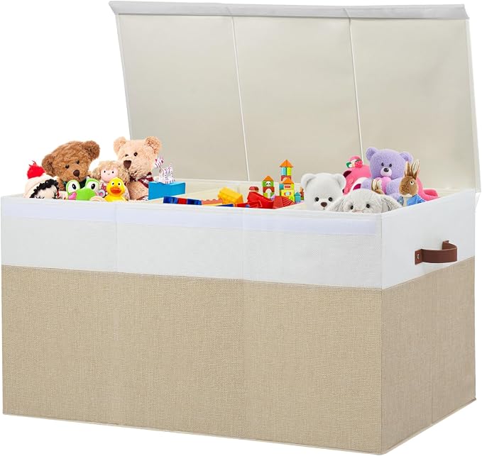 Extra Large Toy Storage Box with Lid,Toy Chest Bin Basket with Dividers | Sturdy Toy Organizer Bin for Kids, Boys, Girls, Nursery, Closet, Bedroom, Playroom 35.5"x17" x17" (Beige and White) by Gowee