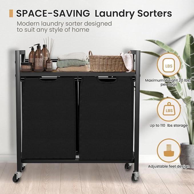 SwaaVee Laundry Sorter, Laundry Hamper with Wooden Top Shelf, 2×14.5Gal(110L), Metal Frame laundry basket with wheels, Pull out and Removable Laundry Bags, 2 Bags-Black - Image 8