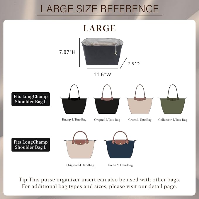 Purse Organizer Insert for Longchamp Le Pliage Large, Black Beige | 6-Compartment Bag Organizer with YKK Zipper Pocket, Cup Holder, Key Chain, Waterproof DupontPaper Lightweight Handbag Shaper - Image 2