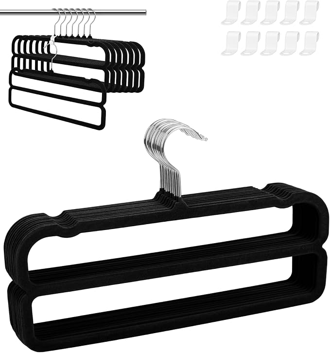 10 Pack Velvet Pants Hangers Space Saving, Non Slip 2-Layer Hanger (Black) | Heavy Duty Flocked Trouser Hangers,pants organizer for closet with Swivel Hook, Felt Jean Hangers for Women and Men by Yxspace