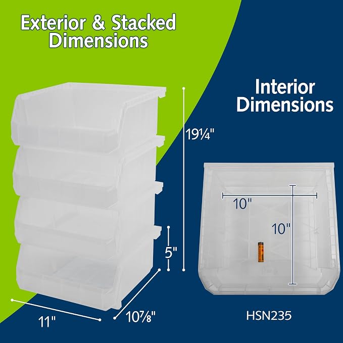Medium-Wide Stackable Plastic Storage Bins, 4-Pack, Clear | Open-Front Stackable Bins For Garage, Pantry, Closet & Office, 11"L X 11"W X 5"H, Nests When Empty, Durable Plastic - Image 2