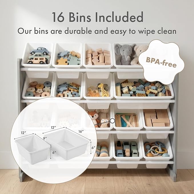 Humble Crew Kids Toy Organizer with 16 Bins, 4 Tier Storage for Playroom | Sturdy wood and steel toddler shelf, removable BPA-free containers, wall anchor anti-tip safety kit for bedroom or classroom - Image 4