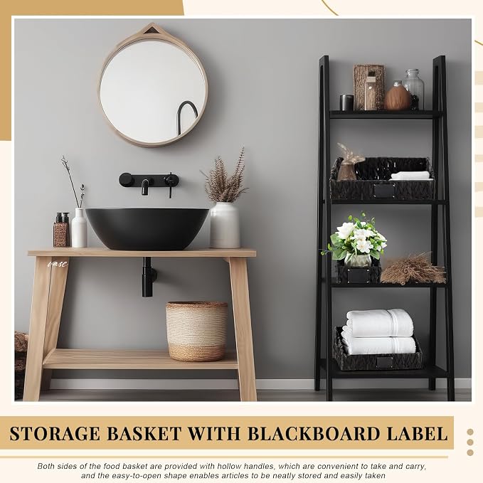 4 Pcs Water Hyacinth Storage Basket Set Boho Wicker Rattan Pantry Basket with Chalkboard Label Handles Woven Container Kitchen Laundry Large Small for Shelf Food Home Bathroom Decor(Black) - Image 5