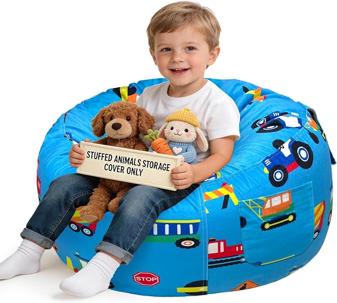 Lukeight Construction Animal Storage Bean Bag Chair Cover for Kids, Velvet Plush Toy Organizer Seat, Cover Only, No Filling Included, Long YKK Zipper, Side Pocket, Large 27"D x 16"H by Lukeight