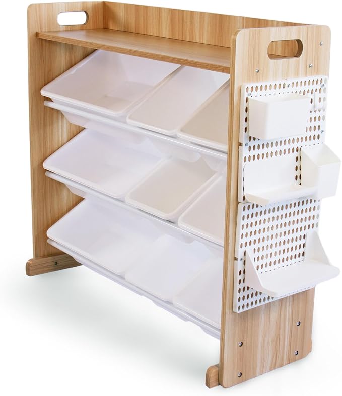 Humble Crew Kids Toy Organizer with Display Shelf, 9 Bins, 3 Tier Storage | Sturdy wood and steel toddler shelf, removable BPA-free containers, wall anchor anti-tip safety kit for bedroom or classroom by HumbleCrew