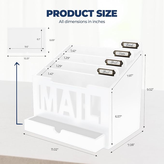 Mail Organizer Countertop, Desktop Mail Sorter with Drawer & Label Tags, WH | Bills, Letters, Envelopes & Receipts - Image 7
