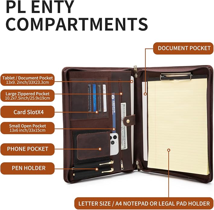 YIWEN Leather Portfolio with Handle, Zippered Front Pocket and Clip - Image 6