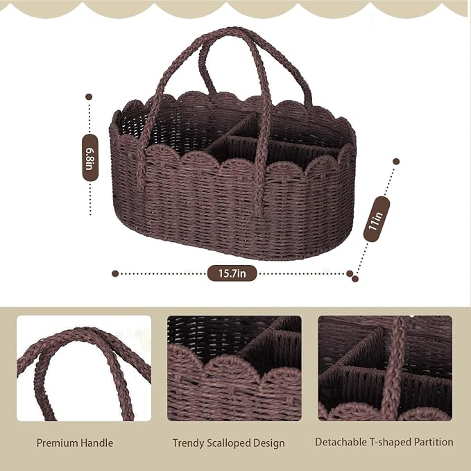 Diaper Caddy Organizer, Paper Rope Storage Baskets Nursery Bin with Removable Divider, Portable Car Organizer for Diapers, Baby Shower Gifts, Newborn Essentials Must Haves (Dark Brown) - Image 3