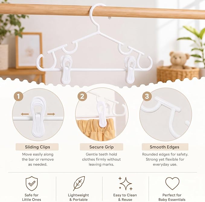 Hsei Baby Hanger with Clip for Pant,15 Packs Total,White,10.6 Inch | 5 Kids Plastic Hanger with 10 Clips for Newborn, Nursery, Daycare, Preschool, Closet, Wardrobe Organizer for Baby Shower - Image 3