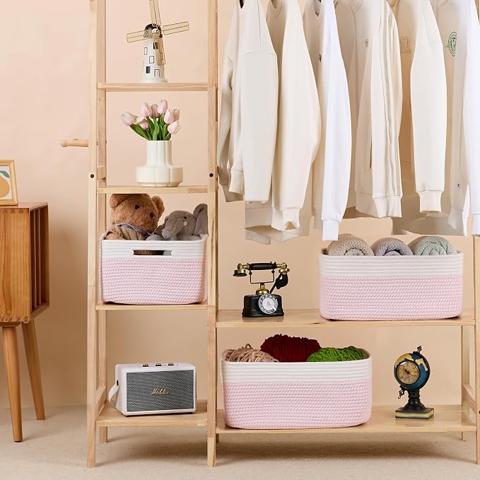 MiniArk Large Storage Baskets for Shelves, 17 x 13 x 7.5” Closet Organizers Bins for Clothes Blanket Towels, Baby Nursery, Toy Baskets Box, Woven Rope Baskets, 2 Packs Woven Pink - Image 3