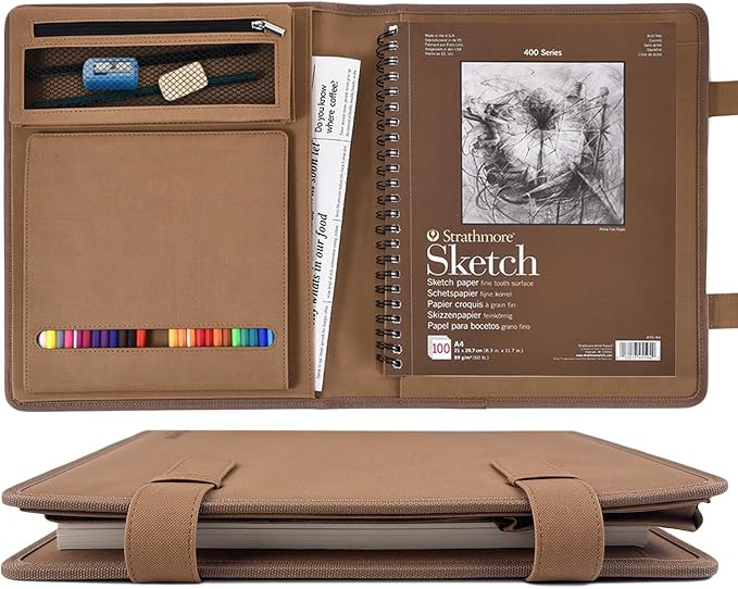 Plinyvel Brown Leather Sketchbook Cover 9x12, Travel Drawing Portfolio | Portable sketch kit organizer, pencil holder, Fits 9x12 Sketch Book, Spiral Pad, Compact artist storage case by Plinyvel