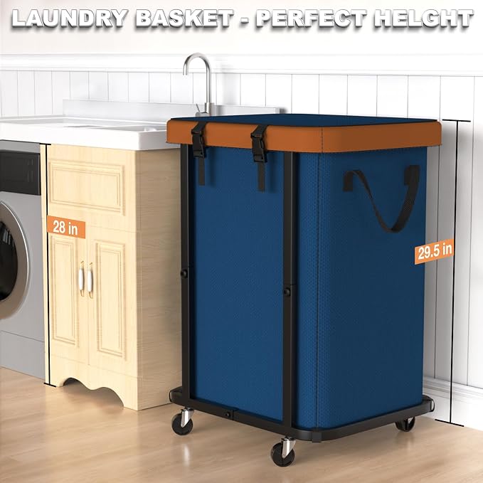 Laundry Basket with Wheels,150L (40 Gal) Rolling Hamper Carts - Navy Blue | Leather Patchwork Laundry Hamper,Sturdy Metal Frame, Removable Washable Bag, Tall Clothes Sorter for Bedroom, Laundry Room - Image 4