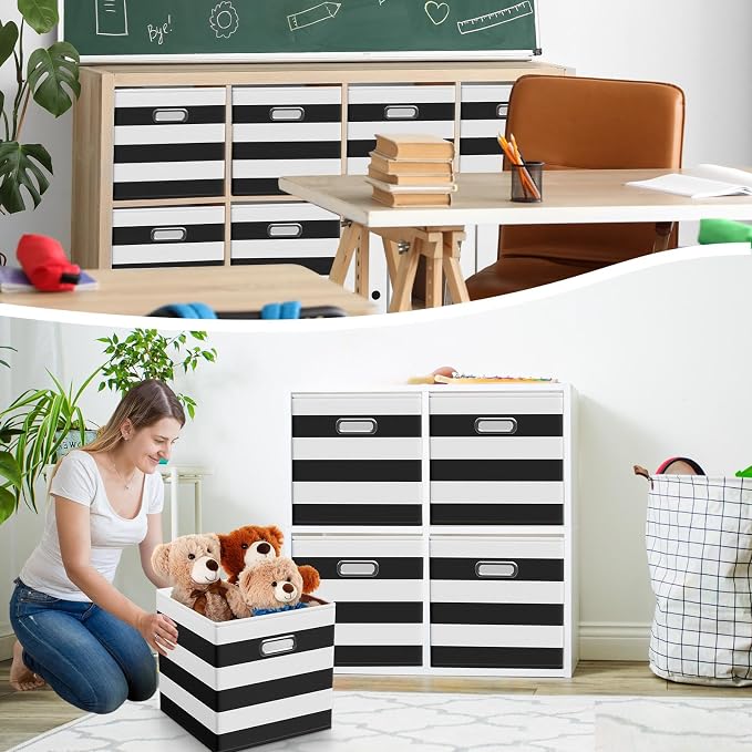 CroBlissful 13 Inch 6 Pack Fabric Storage Cubes with Metal Handles, Back to School Collapsible Organizer Bins for Classroom, Closet, Student Room, Toys and School Supplies (Black and White) - Image 6
