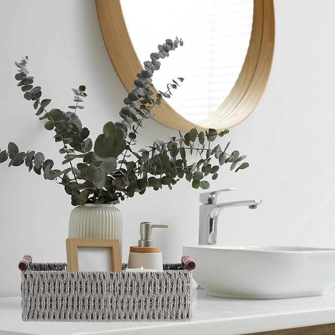 Boao 3 Pcs Boho Storage Wicker Baskets Handmade Woven Decorative Paper Rope Baskets for Organizing with Handle Countertop Toilet Paper Storage Container for Toilet Tank Top(Grey,Rectangle) - Image 4