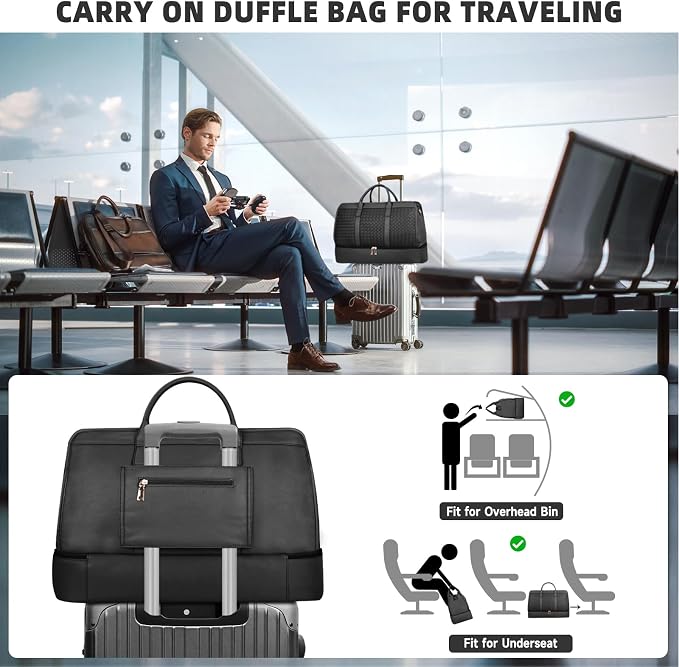 Travel Duffle Bag for Men Women, PU Leather Duffel Bag for Traveling, Large Carry on Weekender Overnight Bag with Shoe Compartment, Perfect for Travel/Daily Use - Image 4
