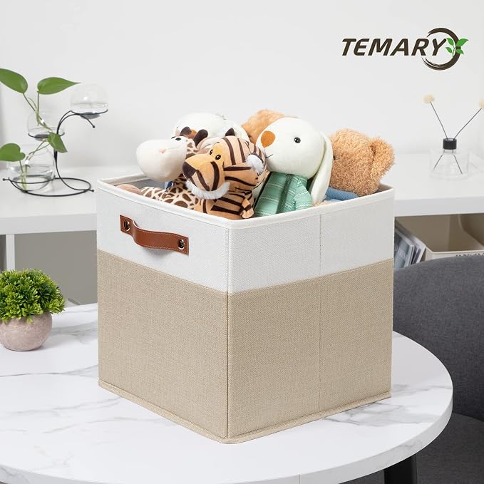 Temary Fabric Storage Cubes - 12 Inch Collapsible Bins (4Pack) - Empty Gift Baskets for Organizing Shelves, Closets, Nursery (White & Khaki) - Image 5