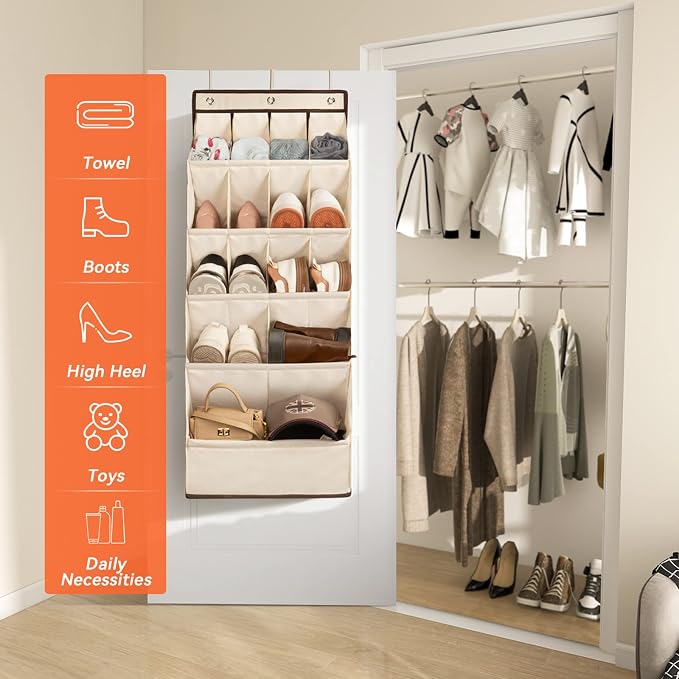 1 Pack Over the Door Shoe Organizers, Hanging Organizers with Large Pockets | with Large Deep Pocket Shoe Holder for Closet Shoes Rack for Wall, Over Door Shoe Storage Hold up to 18 Pairs Shoes, Beige - Image 5
