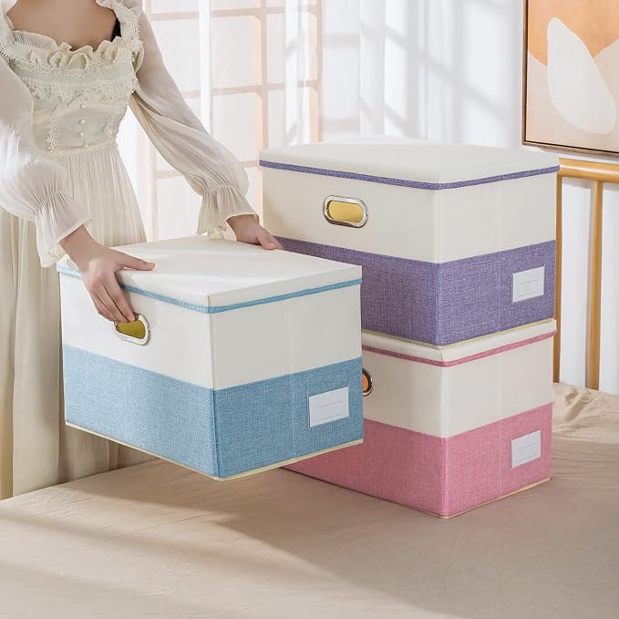Large Foldable Storage Boxes with Lids [3-Pack] Fabric Collapsible Storage Bins Organizer Containers Baskets Cube with Cover for Home Bedroom Closet Office Nursery Blue&Cream(17.7x11.8x11.8) - Image 7