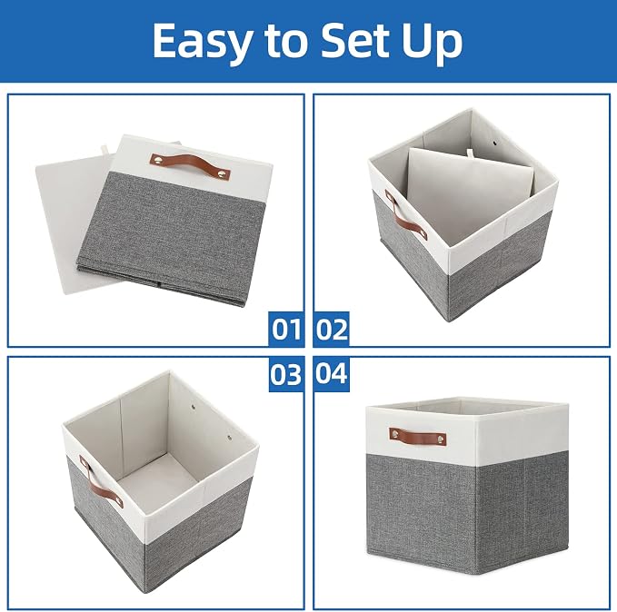 Temary Storage Cubes 12x12 Fabric Cube Storage Bins Foldable Storage Baskets with Handles, Decorative Storage Boxes for Organizing, Home, Office, Nursery, Shelf, Closet (White & Grey, 12 x 12 x 12) - Image 7